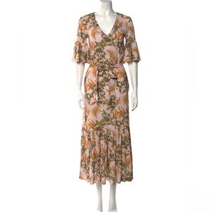 NWT La DoubleJ V Curly Swing Polinesia dress XS with tie belt green cream